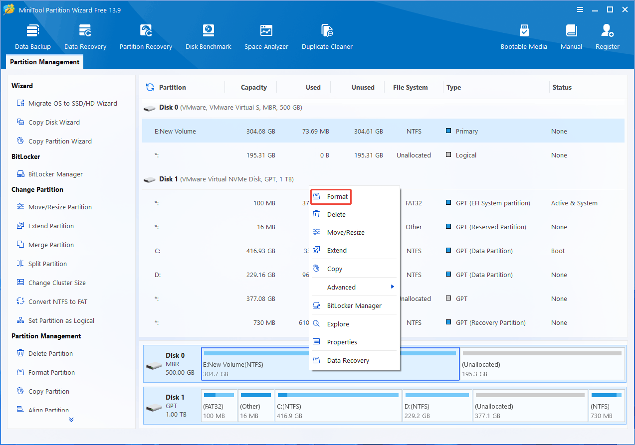 MiniTool Partition Wizard interface with the selected Format option in the right click menu.