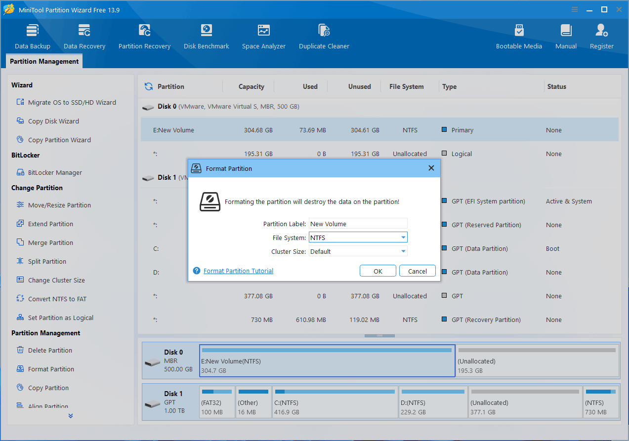 MiniTool Partition Wizard interface with the Format Partition window.