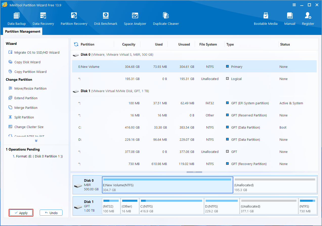 MiniTool Partition Wizard interface with the selected Apply button.