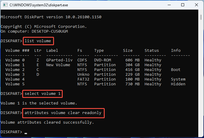 DiskPart interface with the attributes volume clear readonly commands.