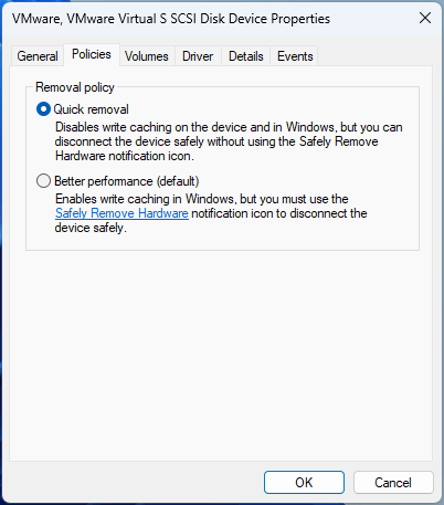 Disk Properties Policies tab with the selected Quick removal option.