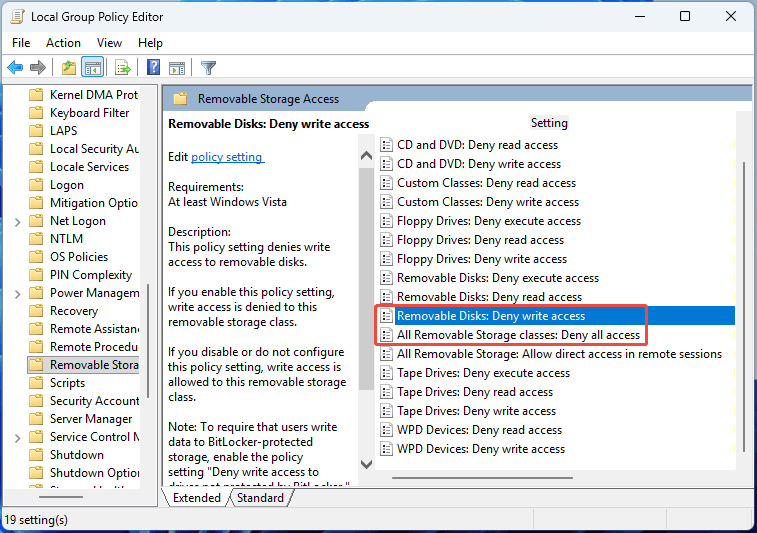 Local Group Policy Editor interface with the selected Removable Disks Deny write access option.