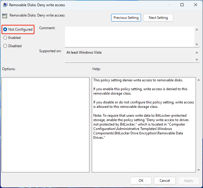 Removable Disks Deny write access setting interface with the selected Not Configured option.