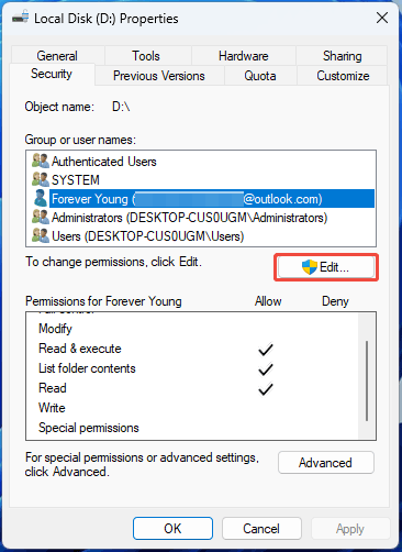 Drive Properties Security tab showing the write and modify permissions.