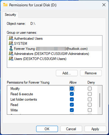 Properties for Local Disk interface allowing you to change permissions for your account.