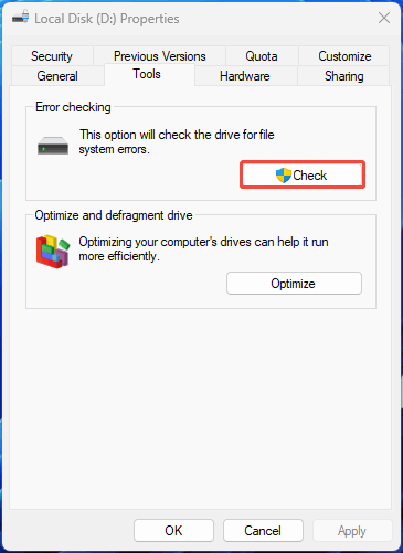 Local Disk Properties Tools tab with the selected Check button.
