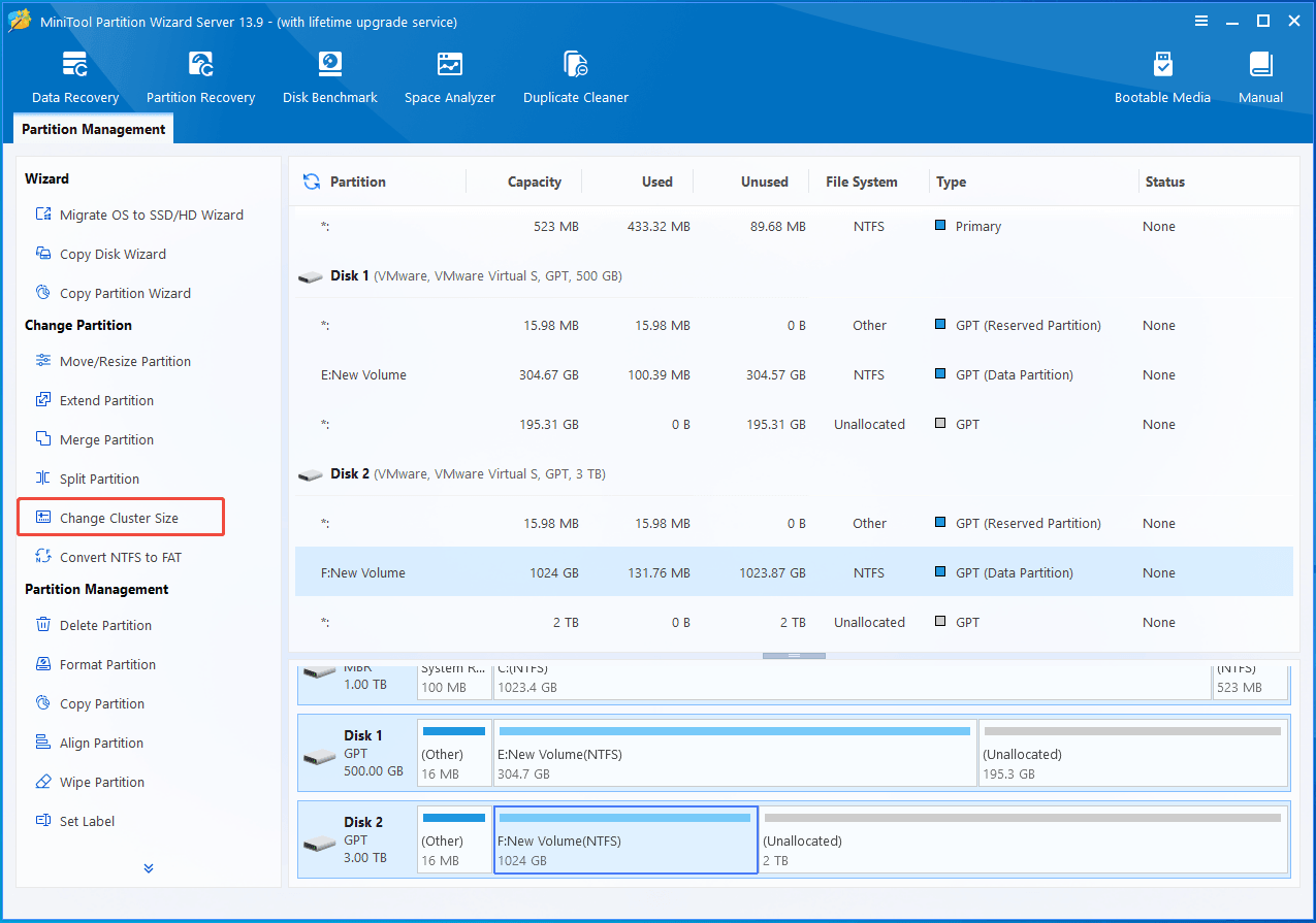 The interface of MiniTool Partition Wizard with selected Change Cluster Size.