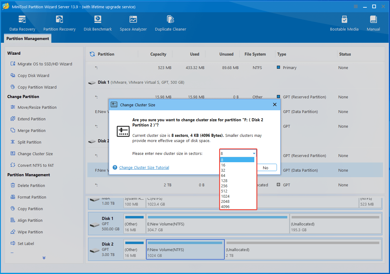 The interface of MiniTool Partition Wizard with selected cluster size options.