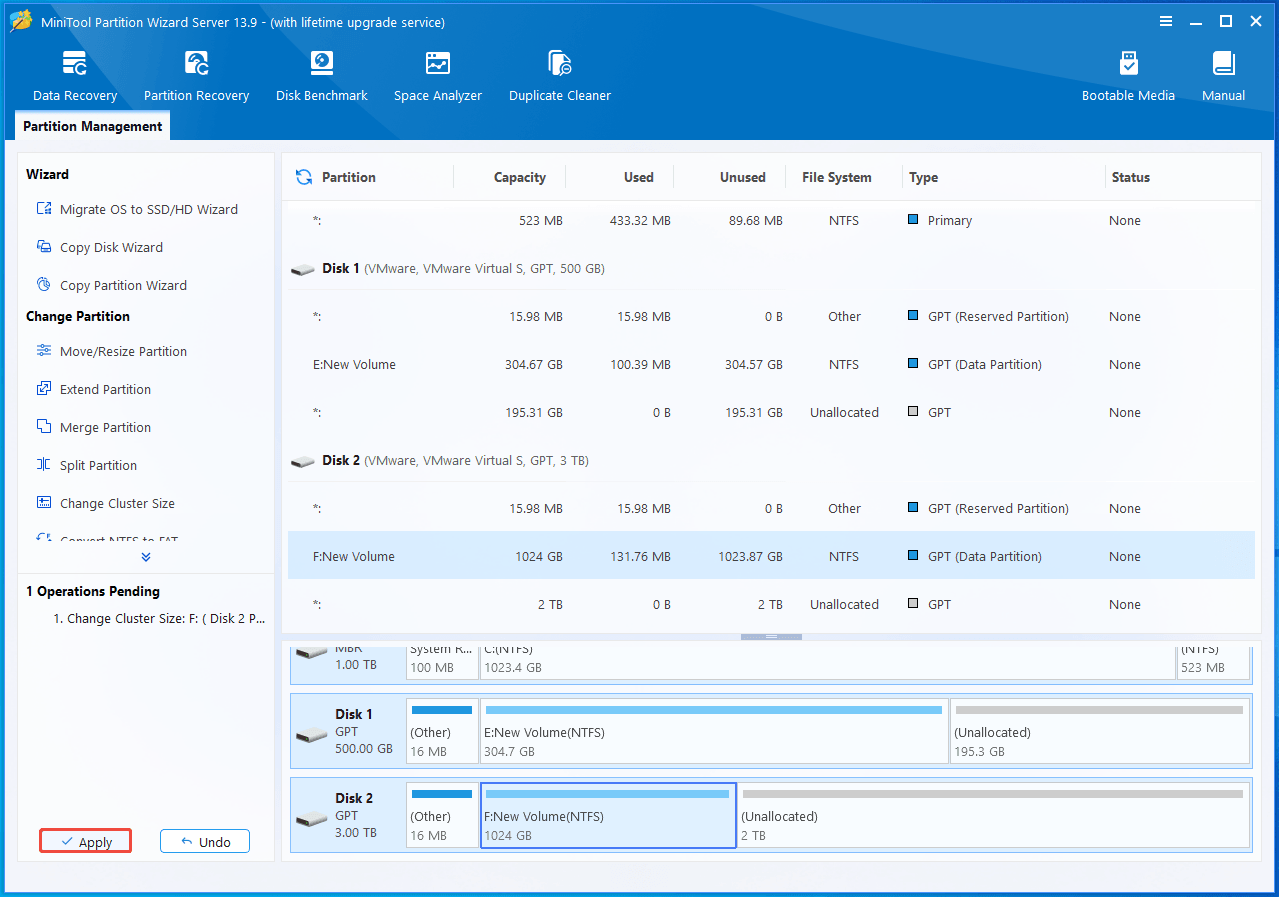 The interface of MiniTool Partition Wizard with selected Apply.