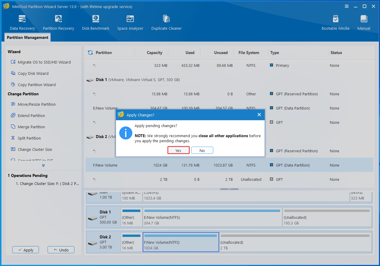 The interface of MiniTool Partition Wizard with selected Yes.