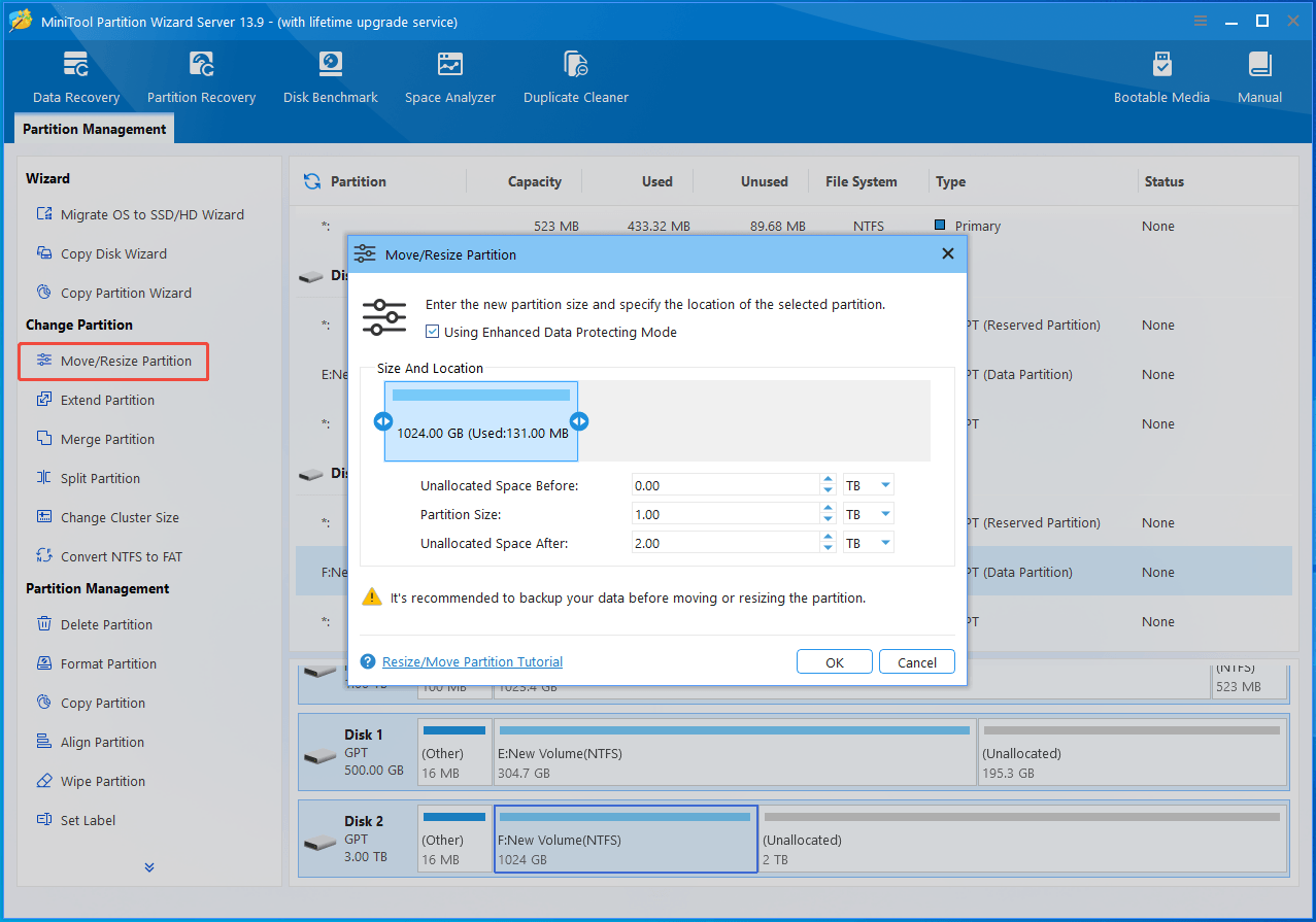 The interface of MiniTool Partition Wizard with selected Move/Resize Partition.