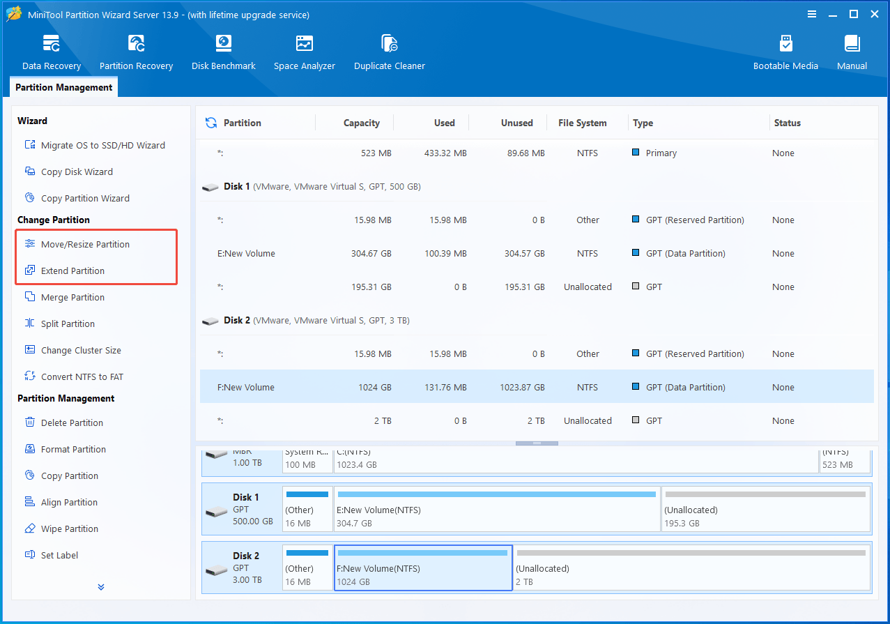 The interface of MiniTool Partition Wizard with selected Move/Resize Partition and Extend Partition.