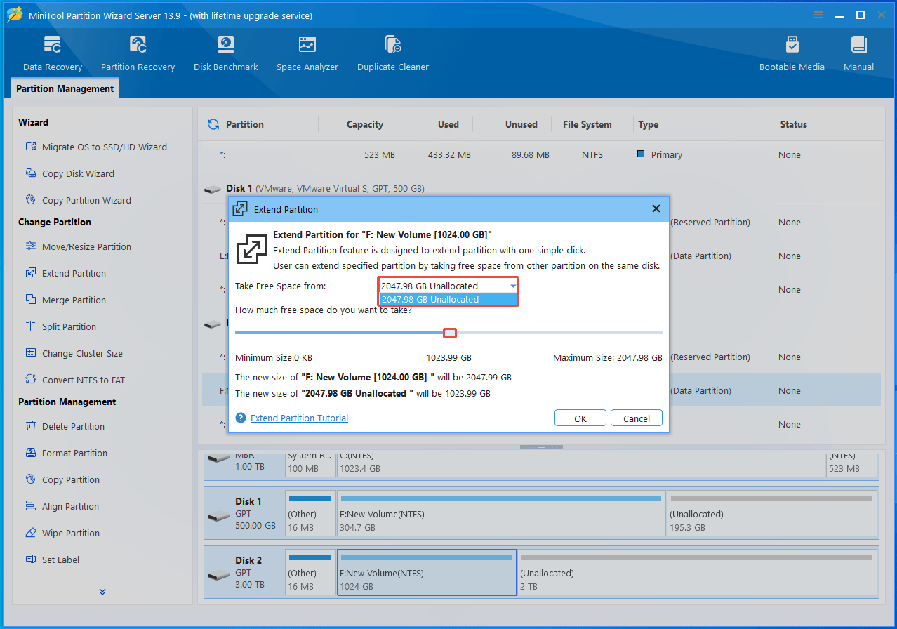 The interface of MiniTool Partition Wizard with selected Take Free Space from choices and slider.