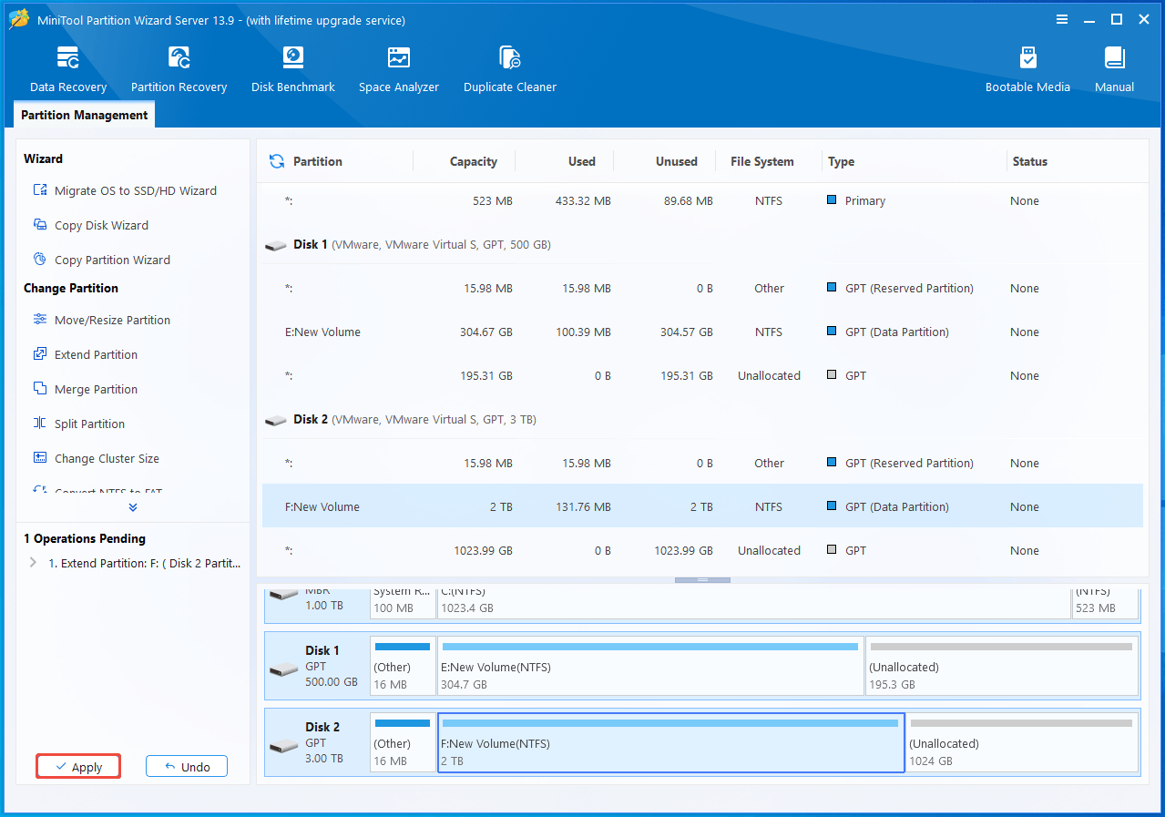 The interface of MiniTool Partition Wizard with selected Apply.
