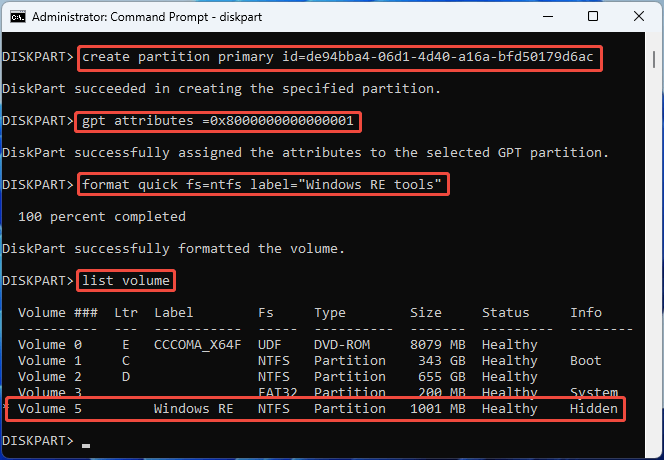 Command Prompt interface with DiskPart commands to create a recovery partition.