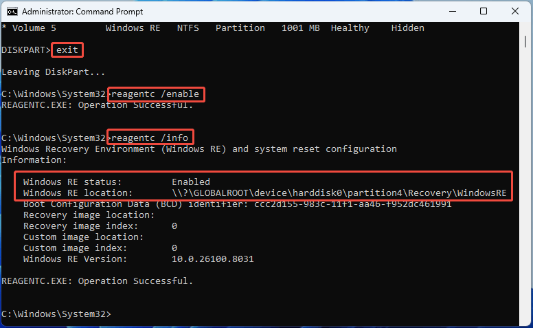 Command Prompt interface with the commands to enable and check WinRE partition.