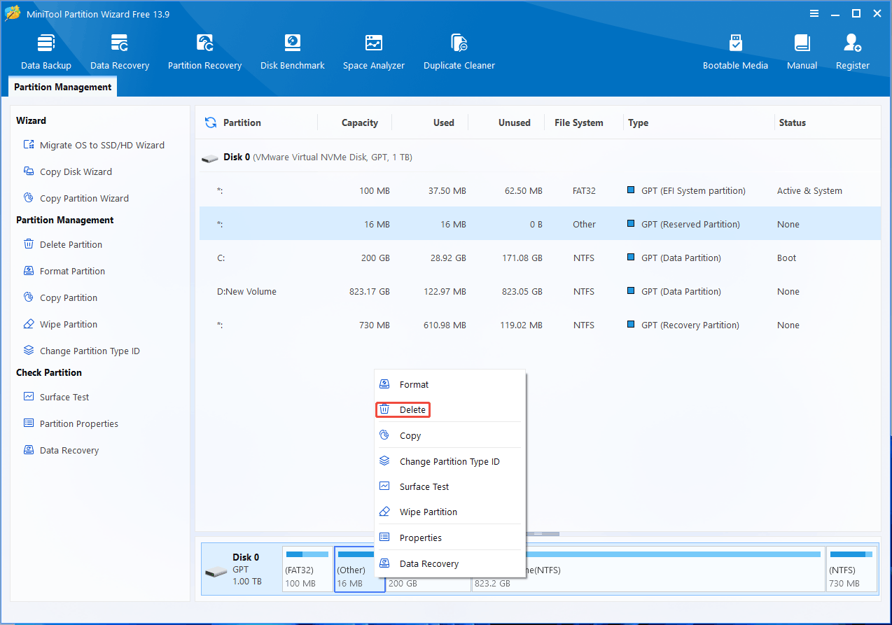 MiniTool Partition Wizard interface with the selected Delete option.
