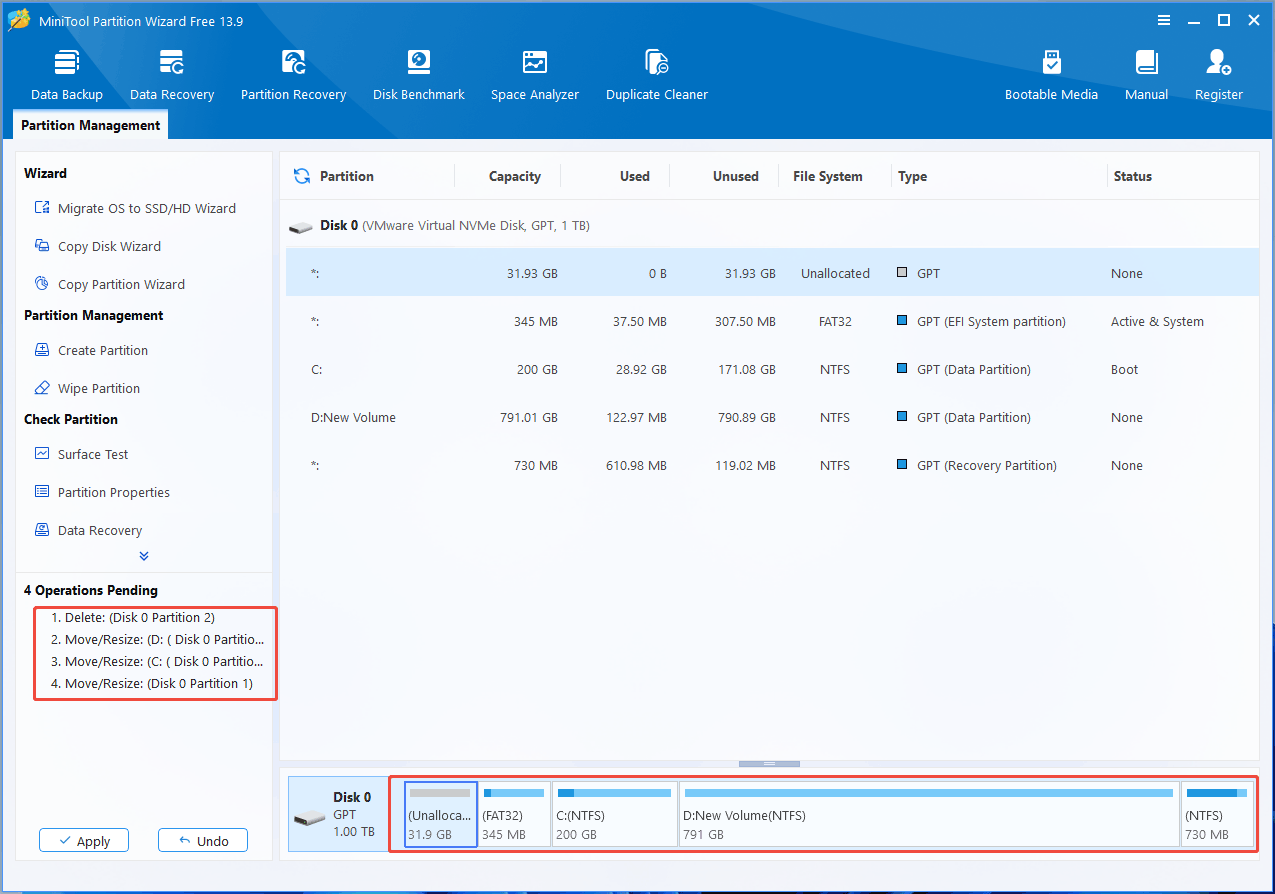 MiniTool Partition Wizard interface showing disk layout and pending operations.