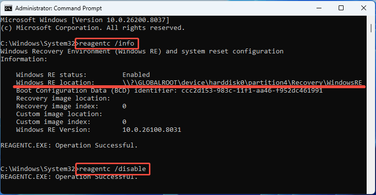Command Prompt with the WinRE status check and disable commands.