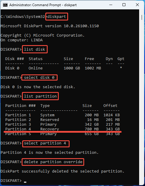 Command Prompt interface with the DiskPart commands to delete the recovery partition.