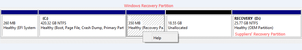 The screenshot of two kinds of recovery partitions in Disk Management.