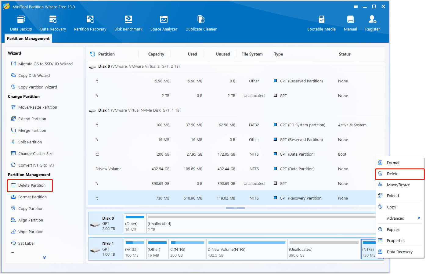 The interface of MiniTool Partition Wizard with selected Delete Partition and Delete.