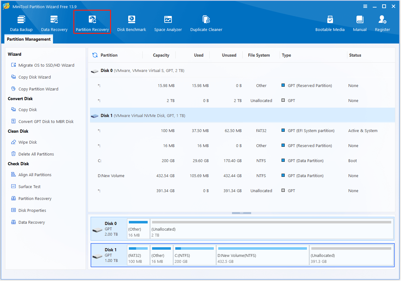 The interface of MiniTool Partition Wizard with selected Partition Recovery.