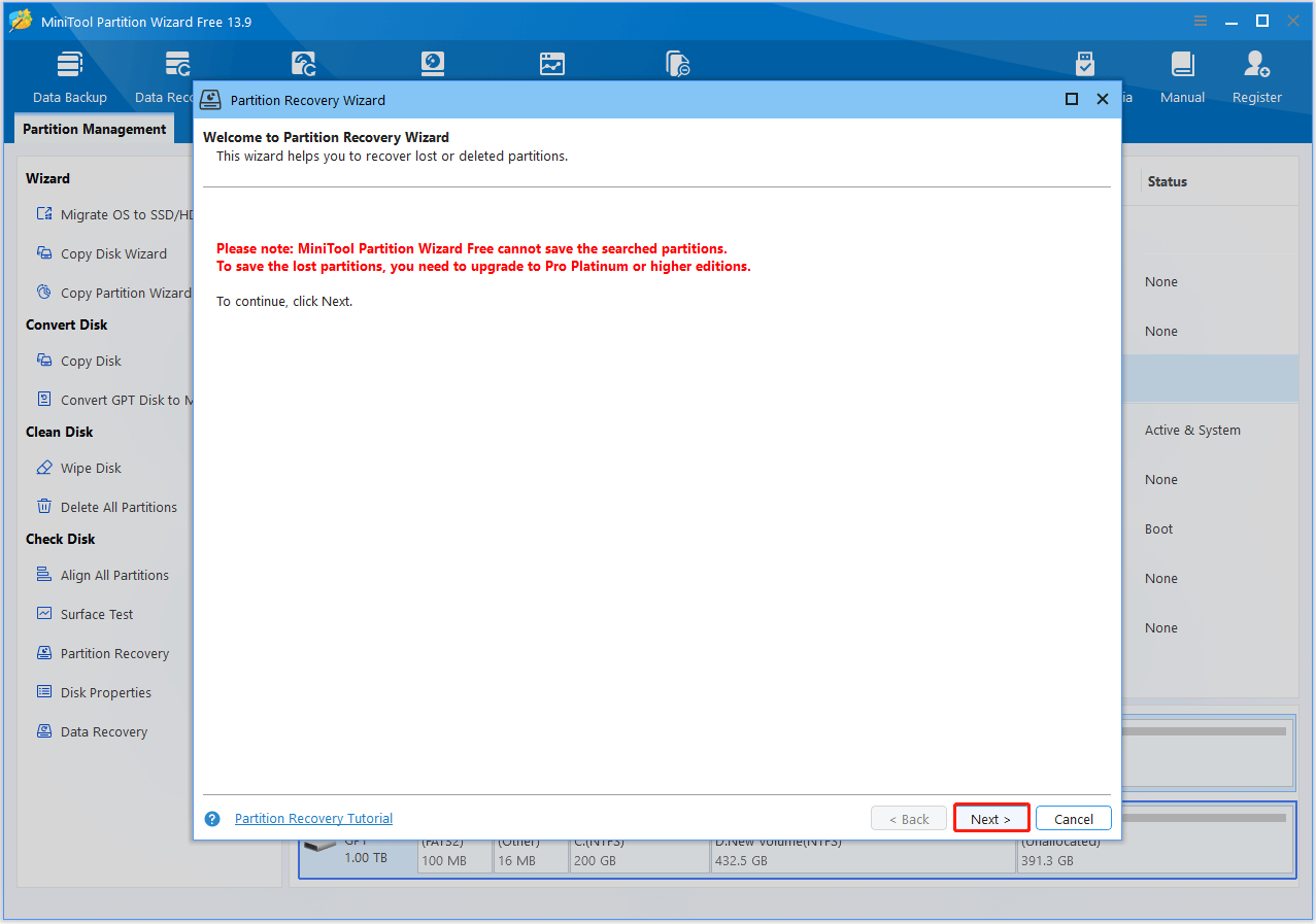 The Partition Recovery Wizard in MiniTool Partition Wizard with selected Next.