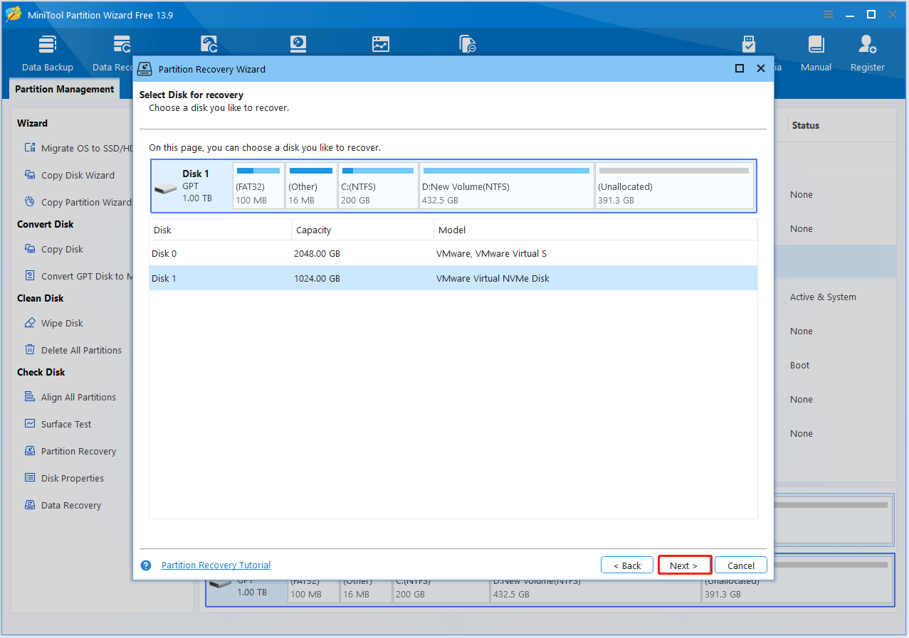 The Partition Recovery Wizard in MiniTool Partition Wizard with a highlighted disk and selected Next.
