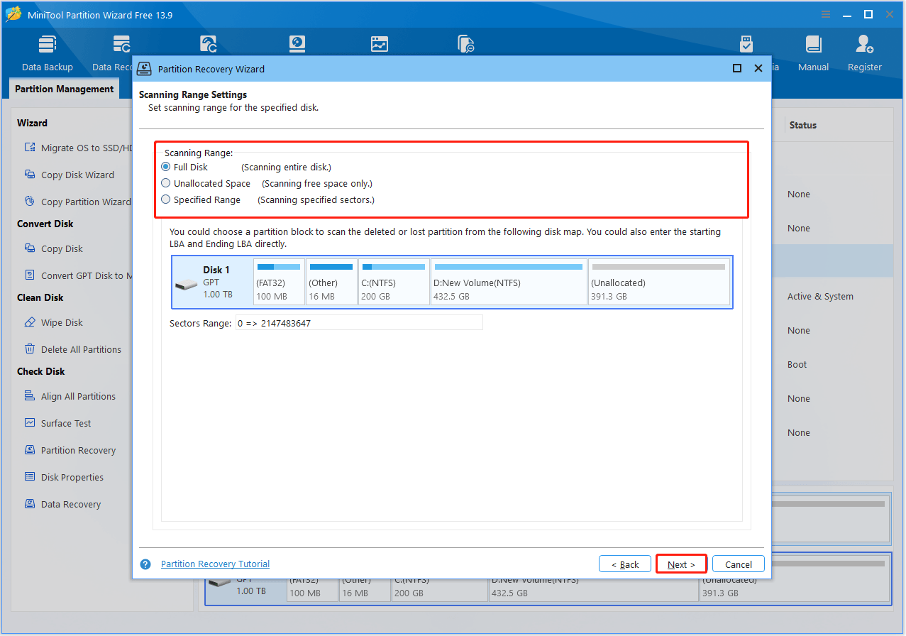 The interface of MiniTool Partition Wizard with selected Scanning Range and Next.