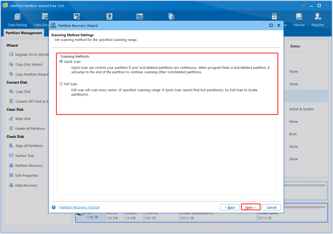 The interface of MiniTool Partition Wizard with selected Scanning Methods and Next.