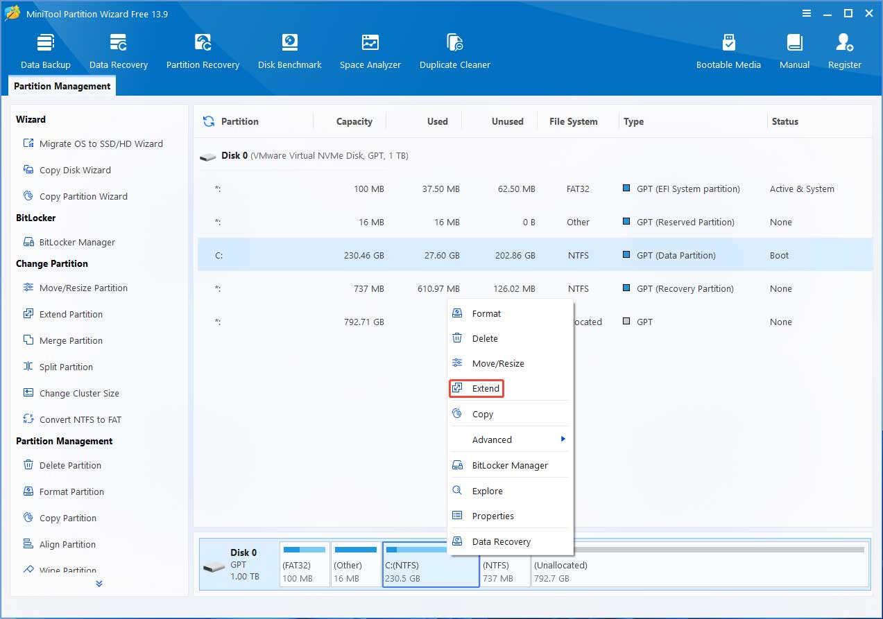 MiniTool Partition Wizard interface with the selected Extend feature in the right click menu of the C drive.