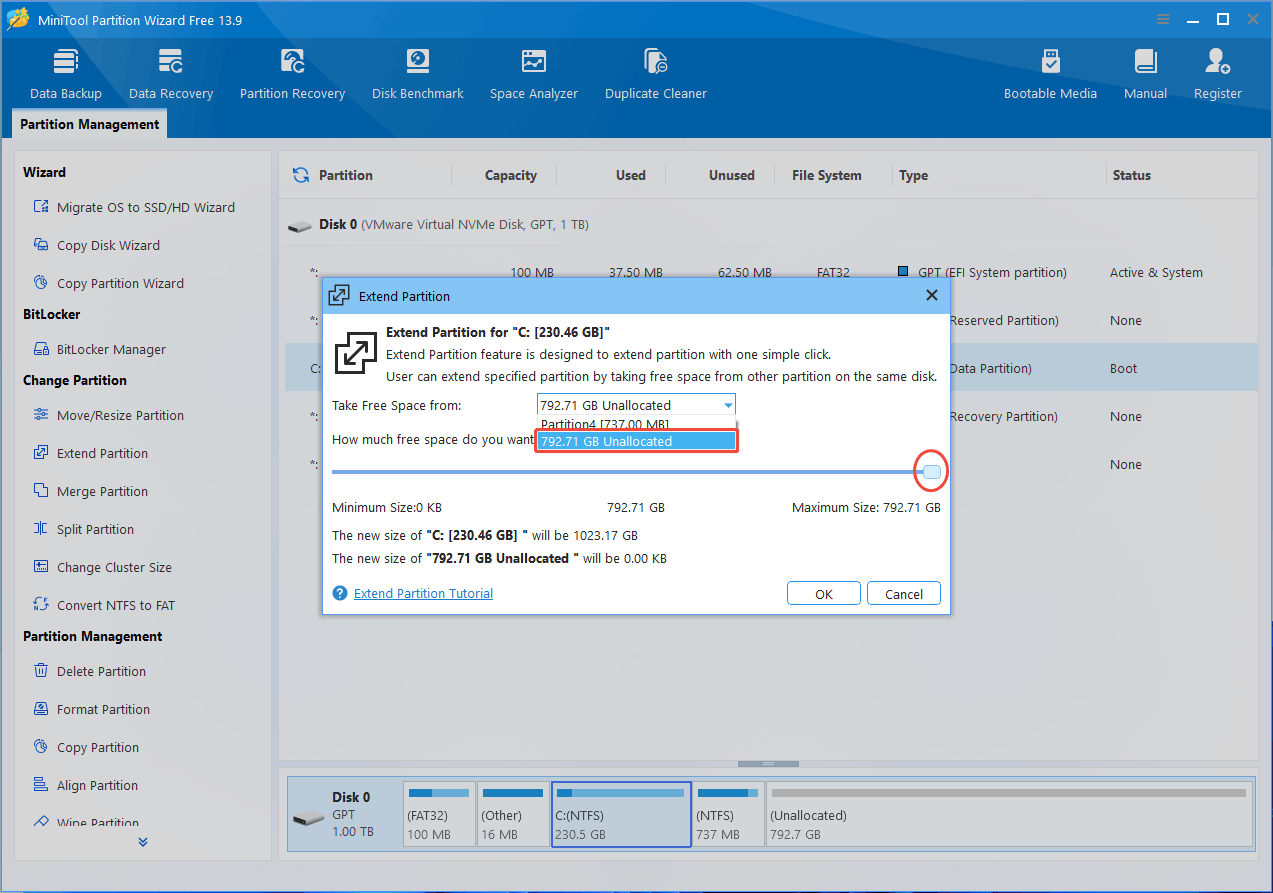 MiniTool Partition Wizard interface with the Extend Partition window showing selected unallocated space and the determined free space to take.