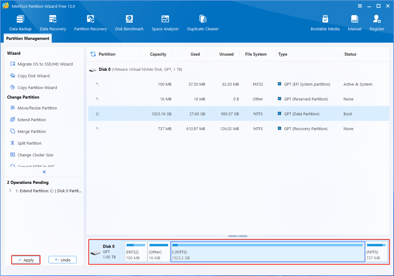 MiniTool Partition Wizard interface with the selected Apply button.