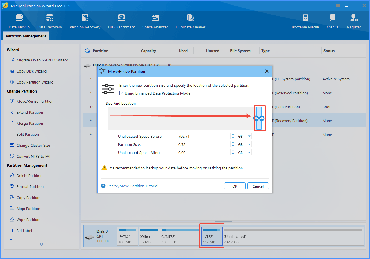 MiniTool Partition Wizard interface with the Move Resize Partition window showing the moved blocking partition.