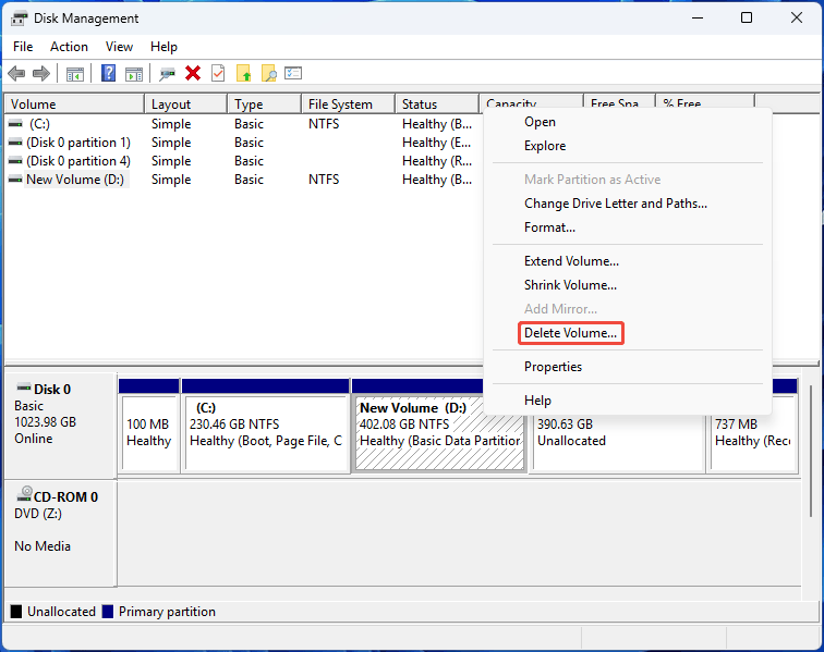 Disk Management interface with the selected Delete Volume option.
