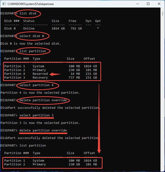 DiskPart window showing commands used to delete the MSR and Recovery partitions.