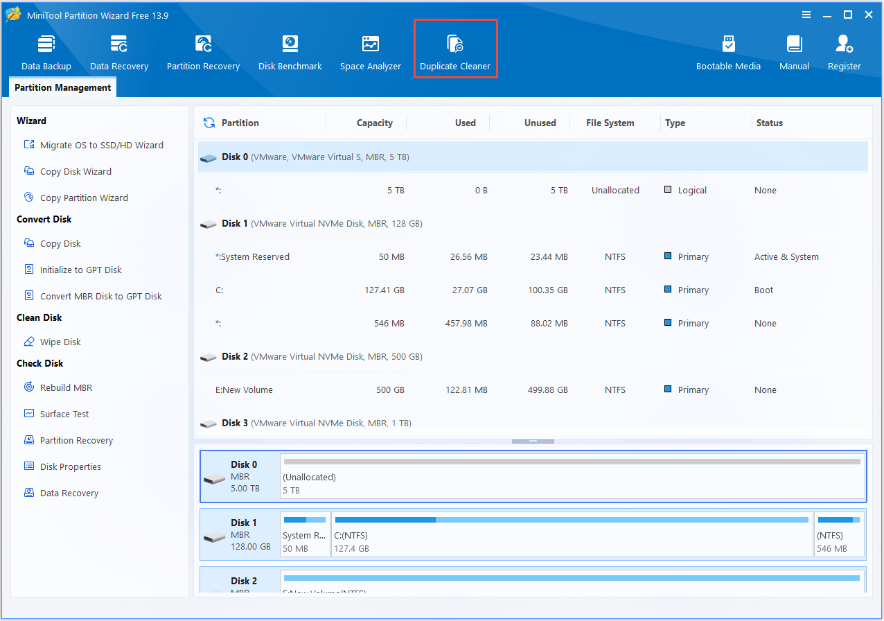 The interface of MiniTool Partition Wizard with selected Duplicate Cleaner.