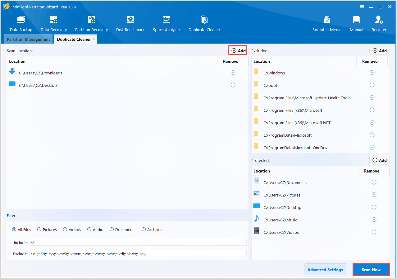 The Duplicate Cleaner screen in MiniTool Partition Wizard with selected Add and Scan Now.