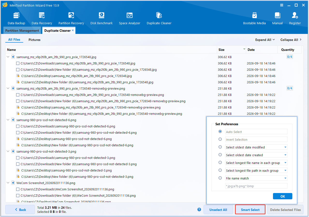 The Duplicate Cleaner screen in MiniTool Partition Wizard with selected Smart Select.