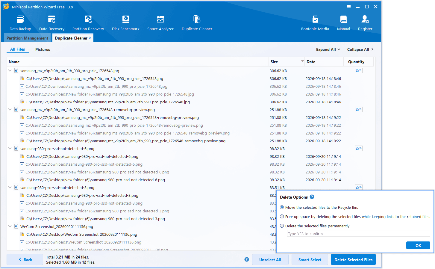 The Duplicate Cleaner screen in MiniTool Partition Wizard with selected unwanted files and Delete Options dialog.