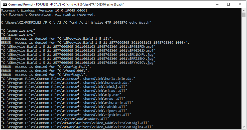Command Prompt window showing FORFILES command results for finding large files on drive C in Windows 10.
