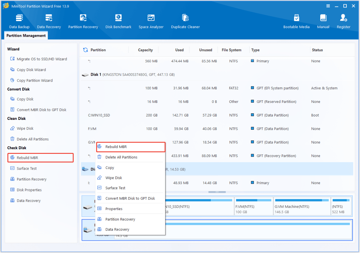 The interface of MiniTool Partition Wizard with selected Rebuild MBR.