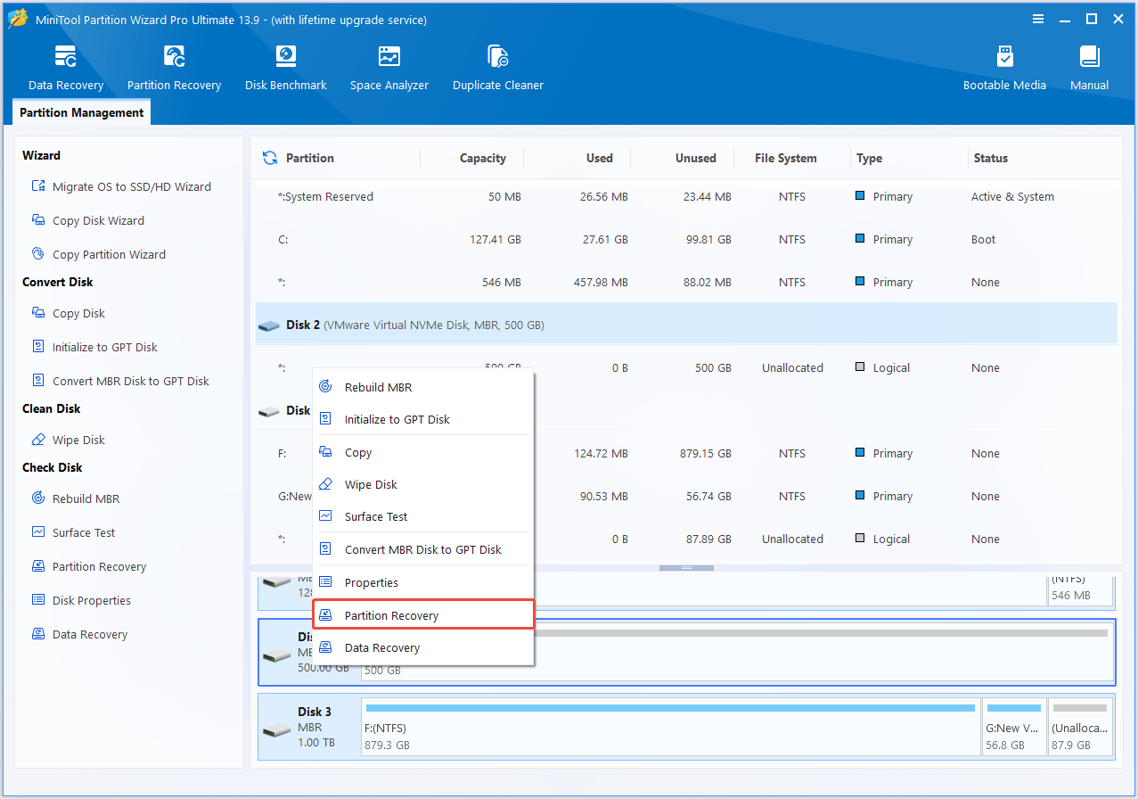 The interface of MiniTool Partition Wizard with selected Partition Recovery.