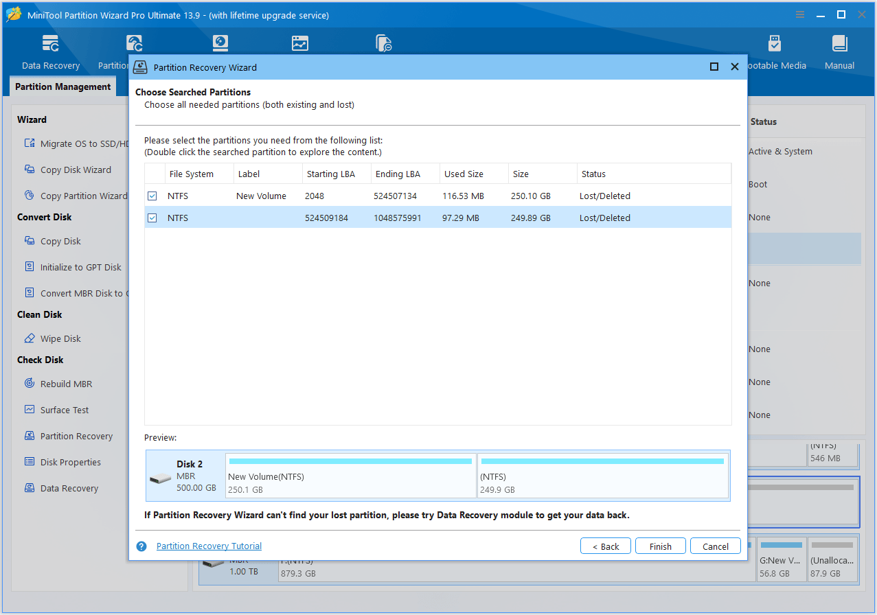 The interface of MiniTool Partition Wizard with found partitions in the Partition Recovery Wizard window.