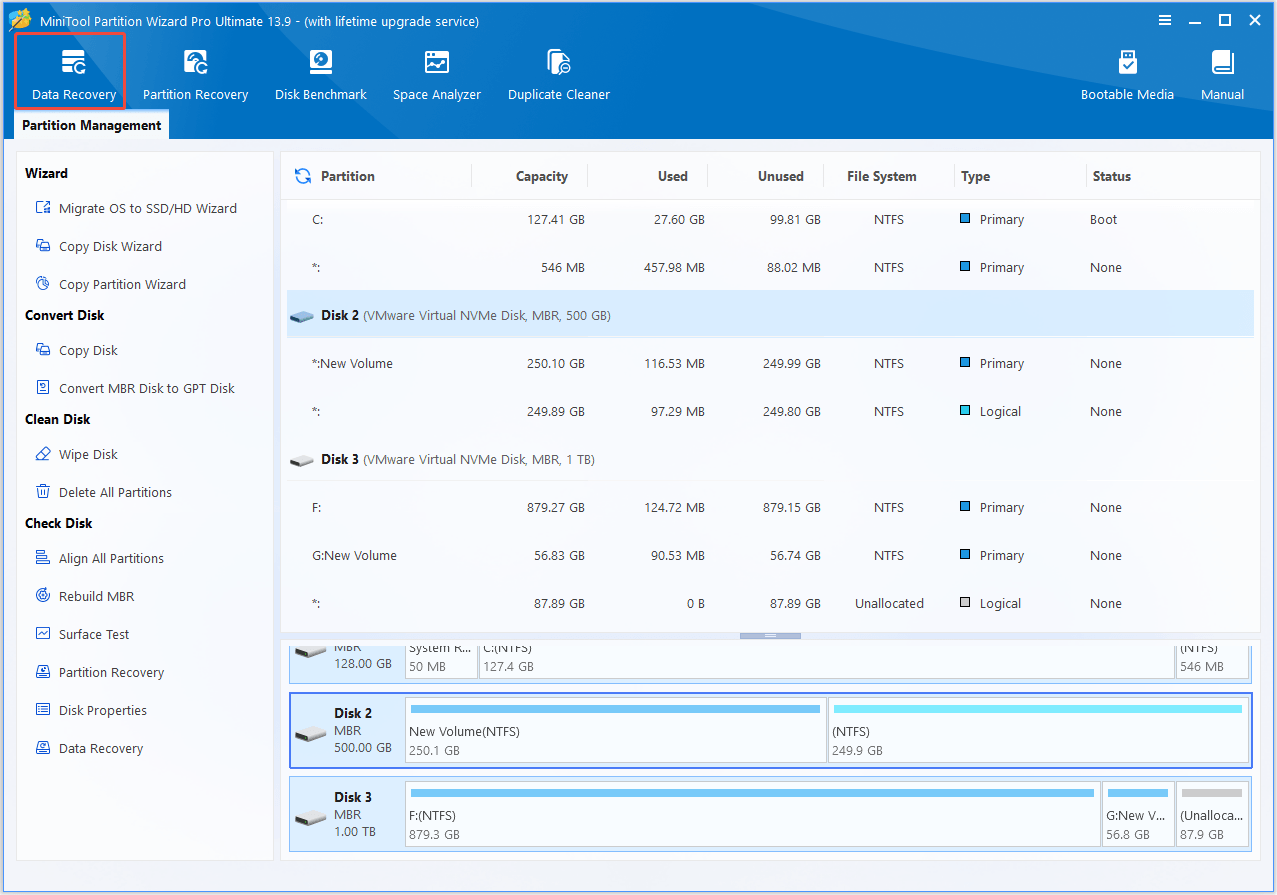 The interface of MiniTool Partition Wizard with selected Data Recovery.