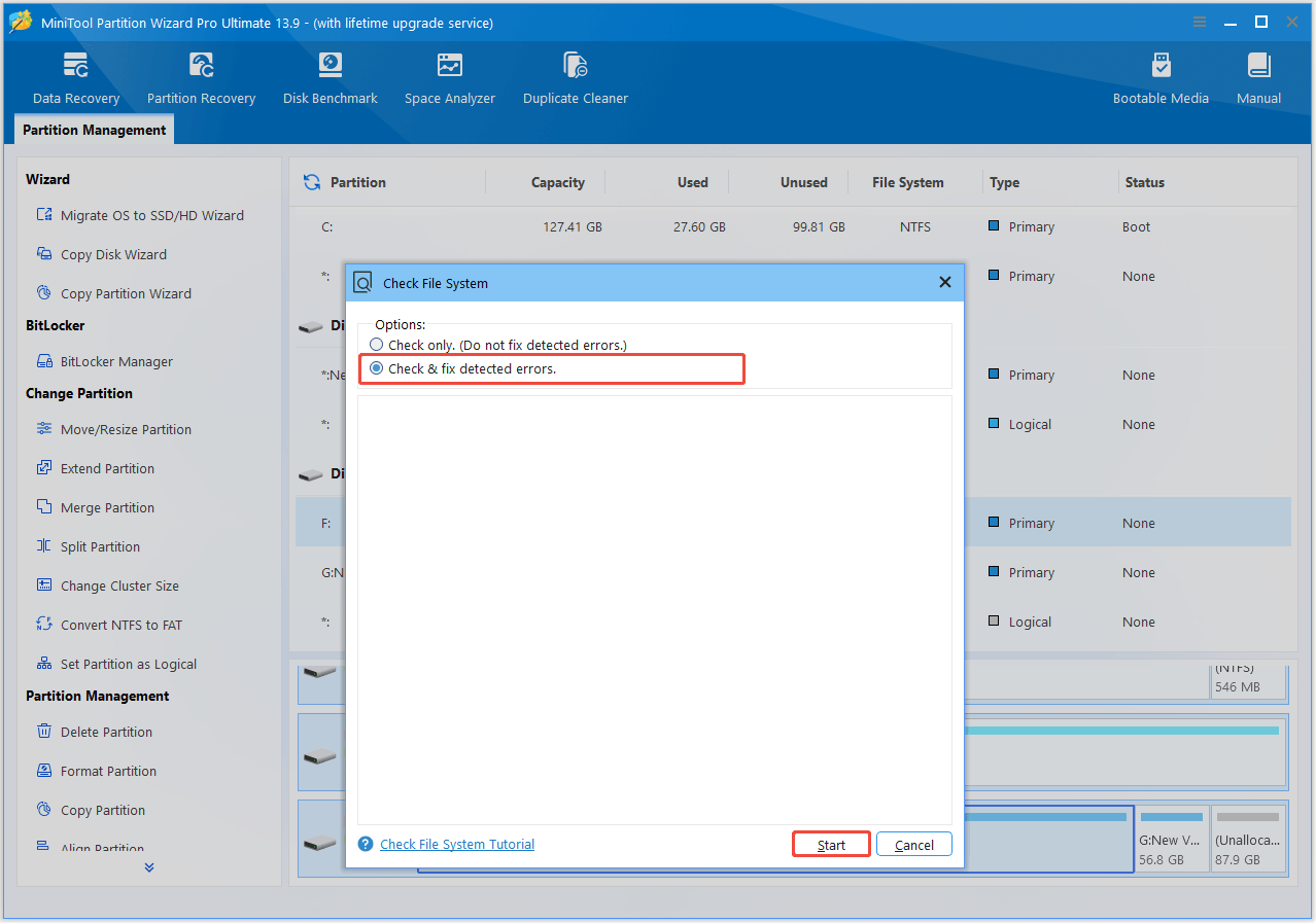 The interface of MiniTool Partition Wizard with selected Check and fix detected errors and Start.