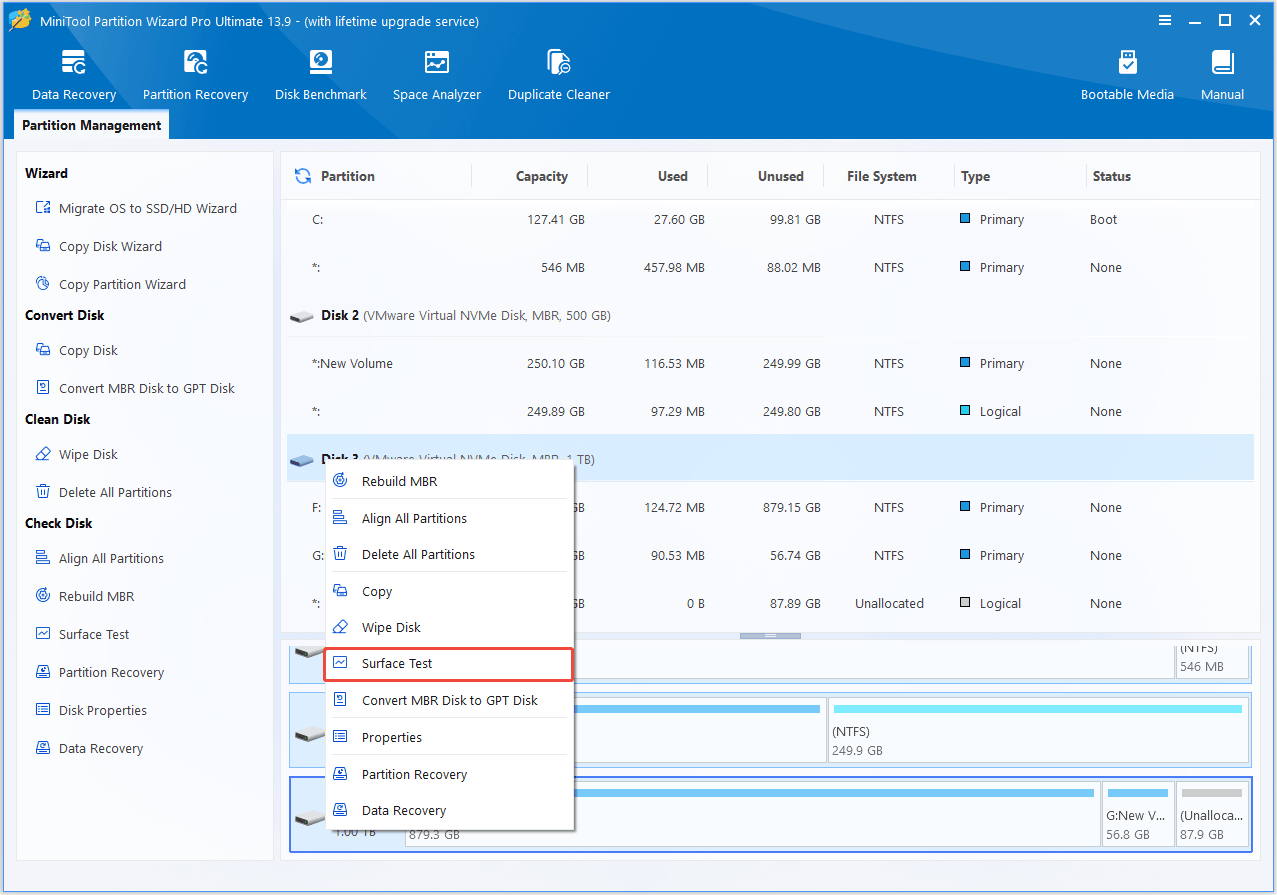 The interface of MiniTool Partition Wizard with selected Surface Test.