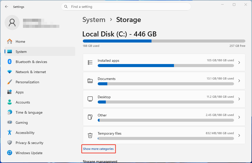 Windows Settings Storage panel with the selected Show more categories option.