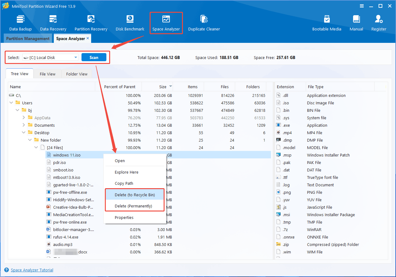 MiniTool Partition Wizard Space Analyzer interface with the selected Scan and Delete buttons.